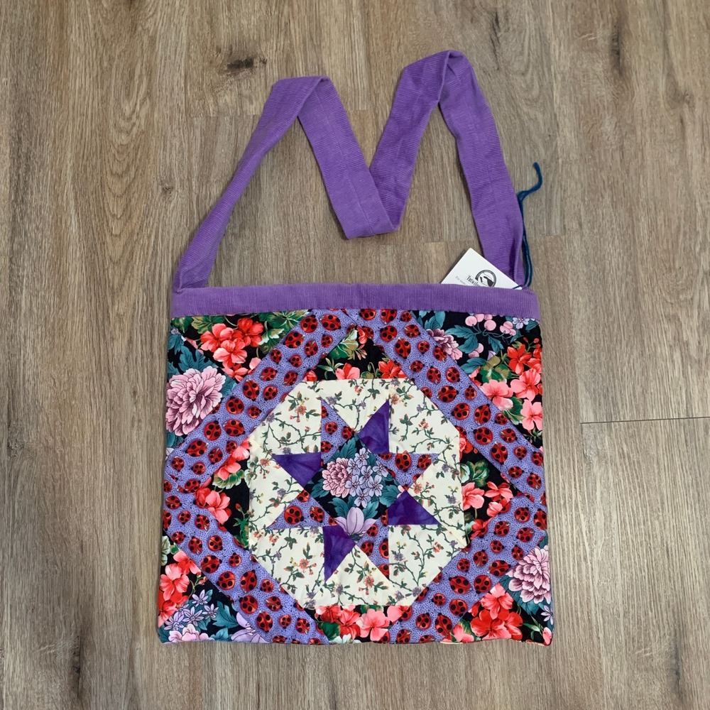 Vintage handmade quilted patchwork tote bag by Tutwilers Women Quilters - 14in